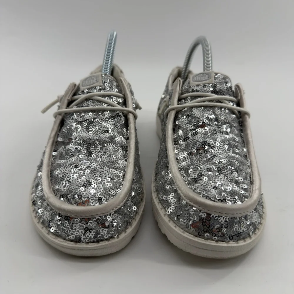 Hey Dude Wendy Sequin Cream Silver Sparkle Loafers Womens 7